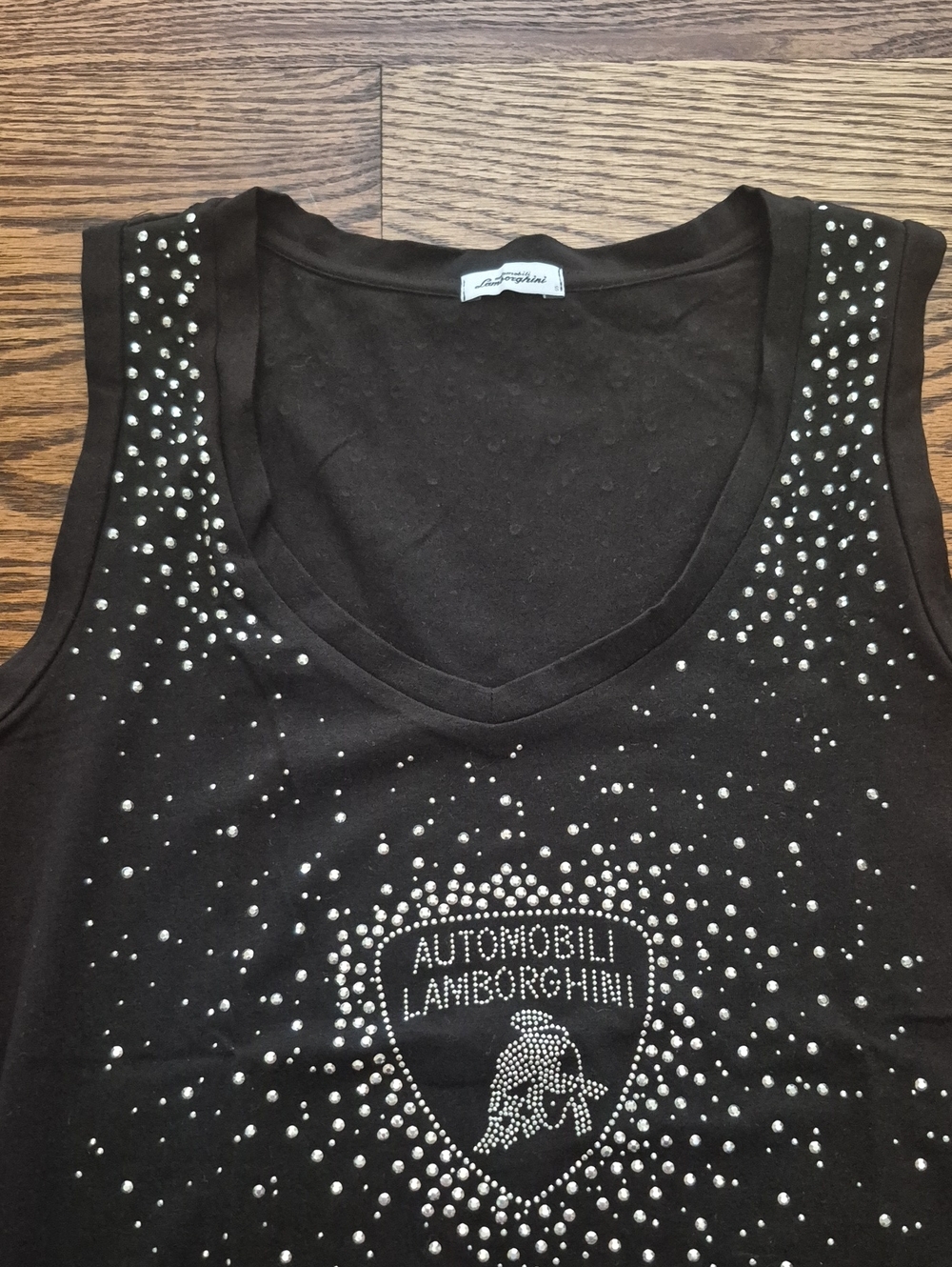 Lamborghini Rhinestone Embellished Black Women's V-Neck Tank Top - Picture 4 of 5